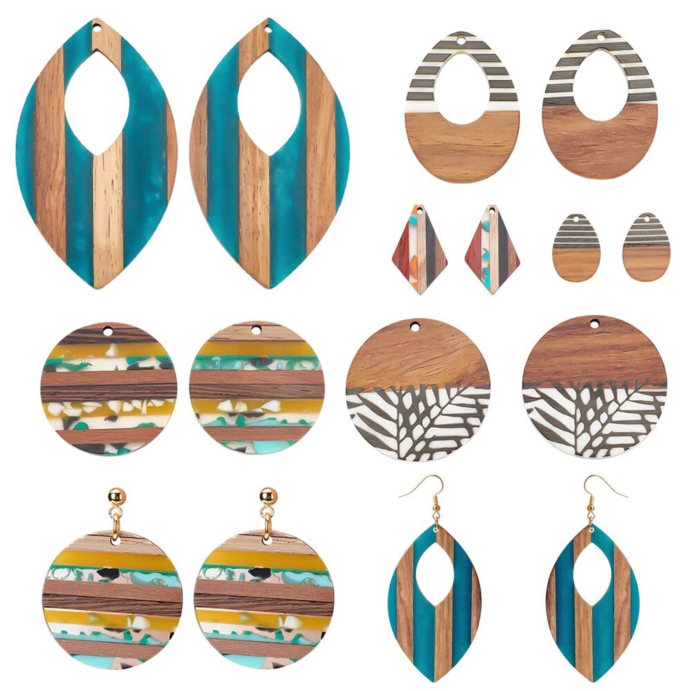 9453 6 Styles Resin Wood Pendants, 12pcs Walnut Vintage Earring Flat Round